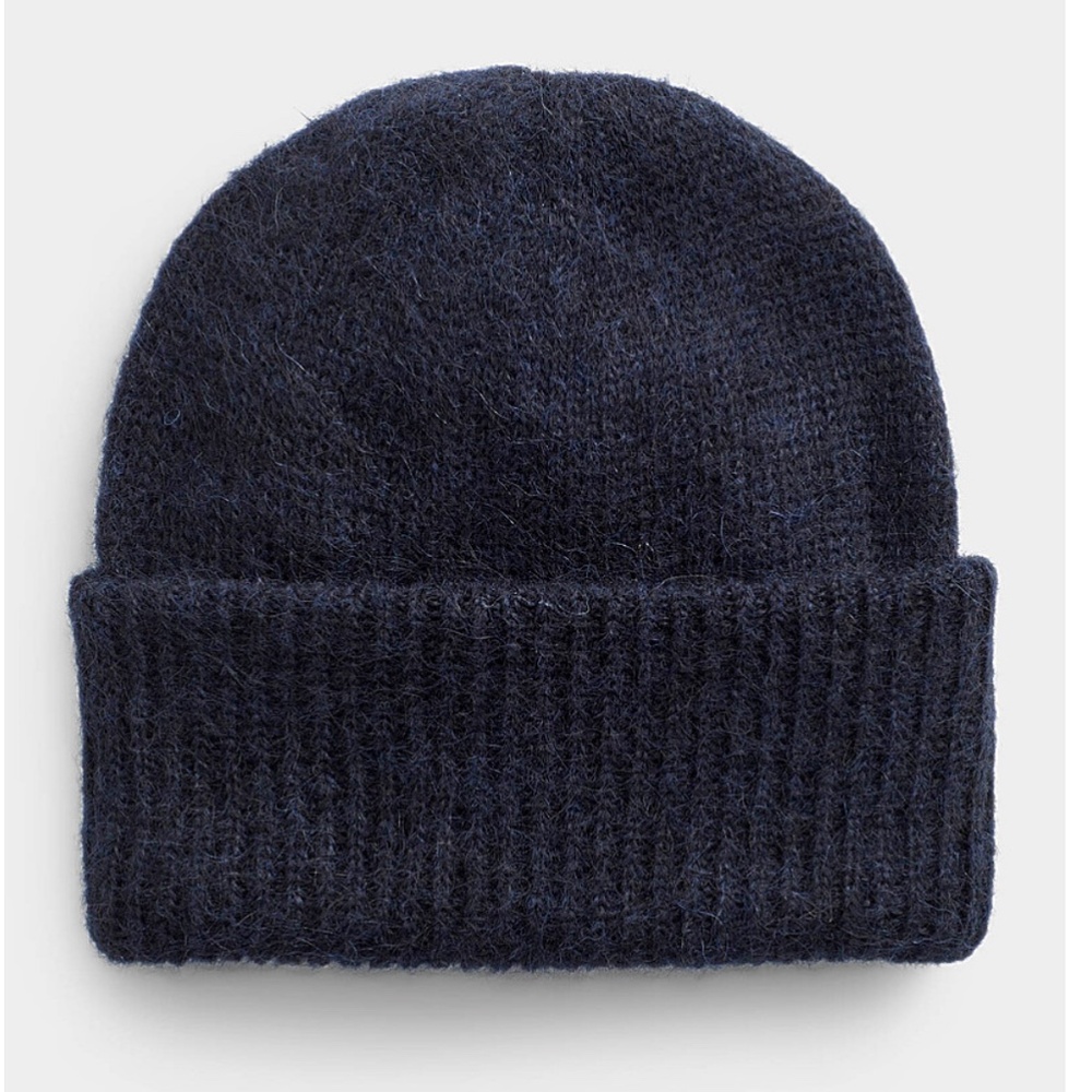 Navy blue minimalist wool alpaca mohair made hat beanie tuque in Italy NWT